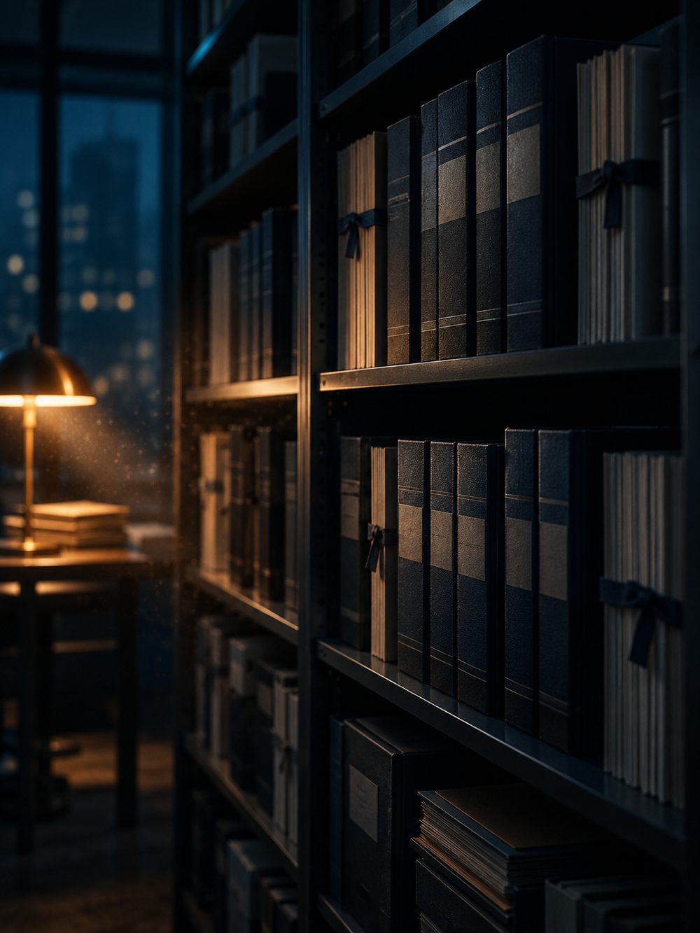 Archive shelves of bound HTA reports under a lamp