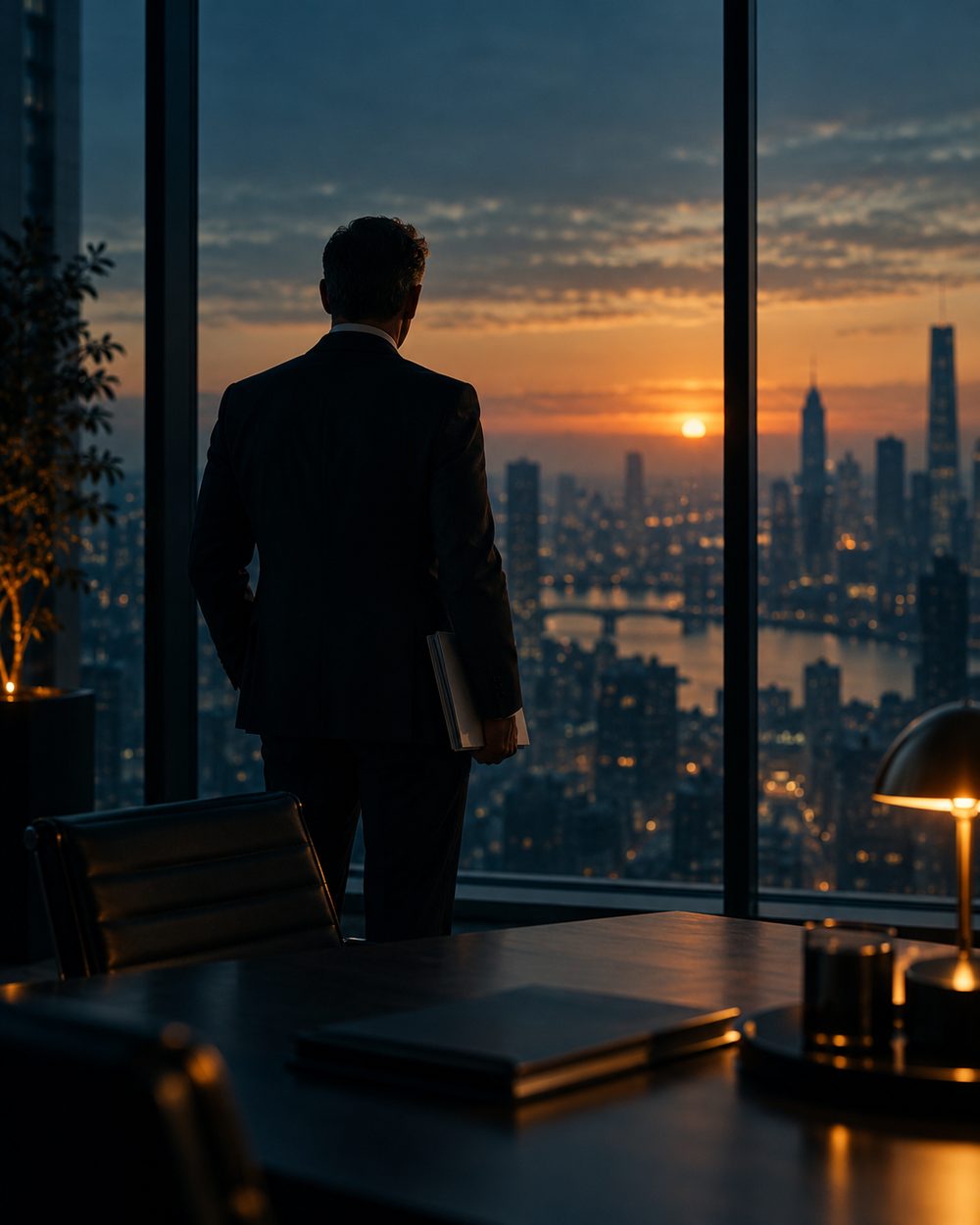 A strategist at a window at dawn, holding a dossier